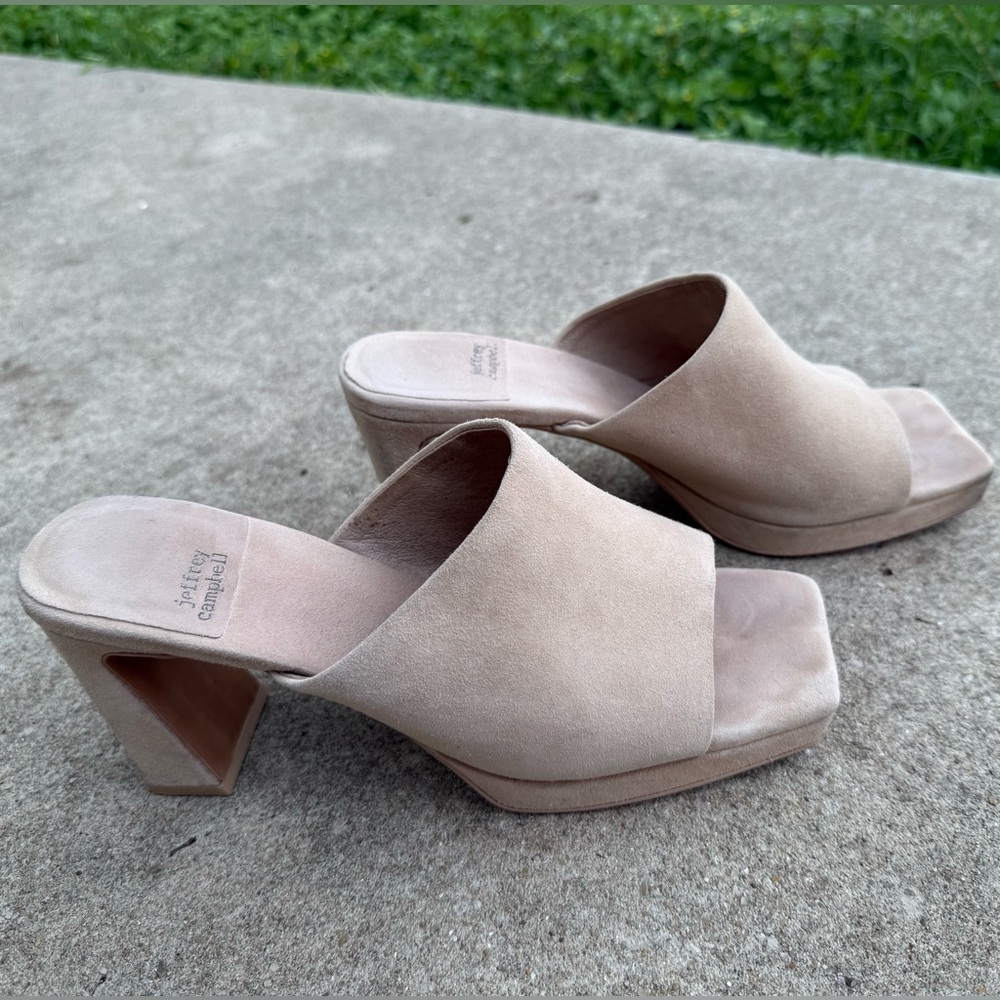 Jeffrey Campbell Tan Mules with Geometric Heel - Picture 12 of 15